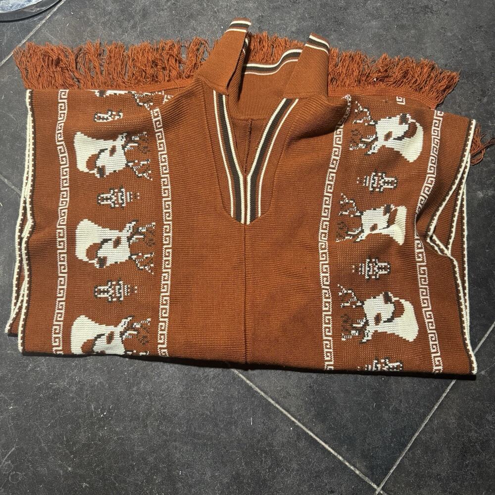 O/S Vintage Deer Buck Poncho Shawl Blanket Jacket Retro Mexico Western Warm Oran
